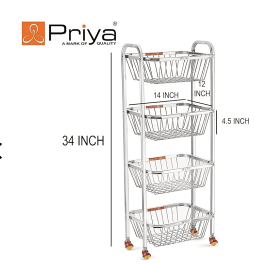 Priya 4 Layers Fruits, Vegetable Big Kitchen Trolley (White), Stainless Steel, Standard - Image 2